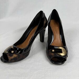 Antonio Melani Black Patent and Leopard Peep-Toe Heels